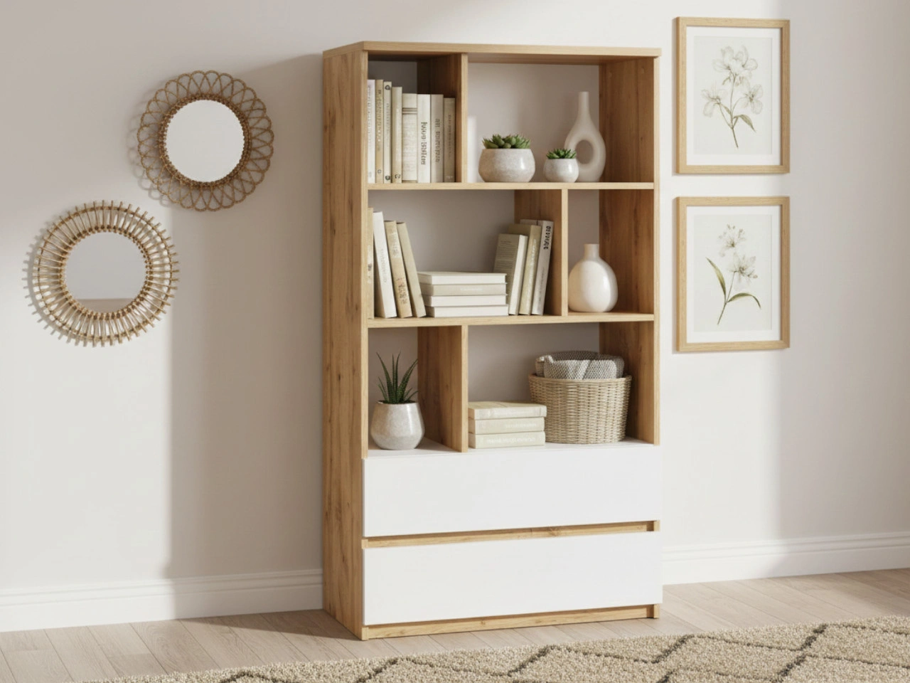 Regal mit Schubladen Arcadia Eiche Wotan, Weiß