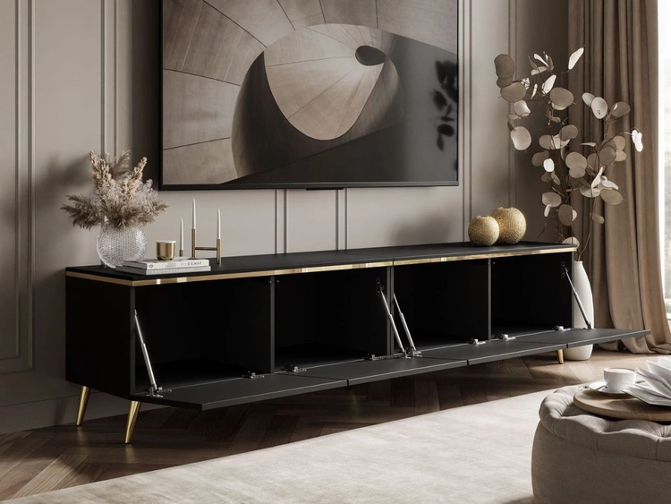 TV-Lowboard viertürig im Glamour-Stil mit LED-Beleuchtung Celle, schwarz matt