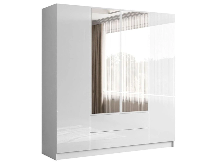 Kleiderschrank mit Drehtüren, Schubladen und Spiegeln Ameli Weiß Hochglanz