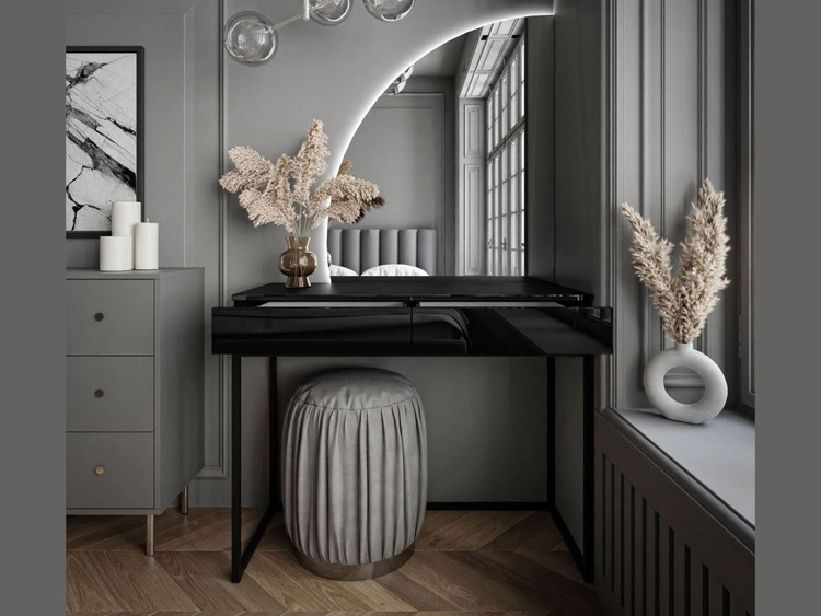 Kosmetiktisch linksseitig mit Schubladen und LED-Beleuchtung auf schwarzen Beinen Clarette Schwarz Hochglanz