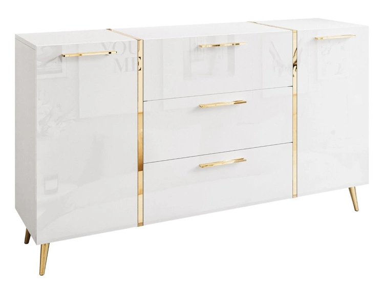 Zweitürige Kommode 158 cm mit drei Schubladen und goldenen Griffen Lunelie Weißglanz