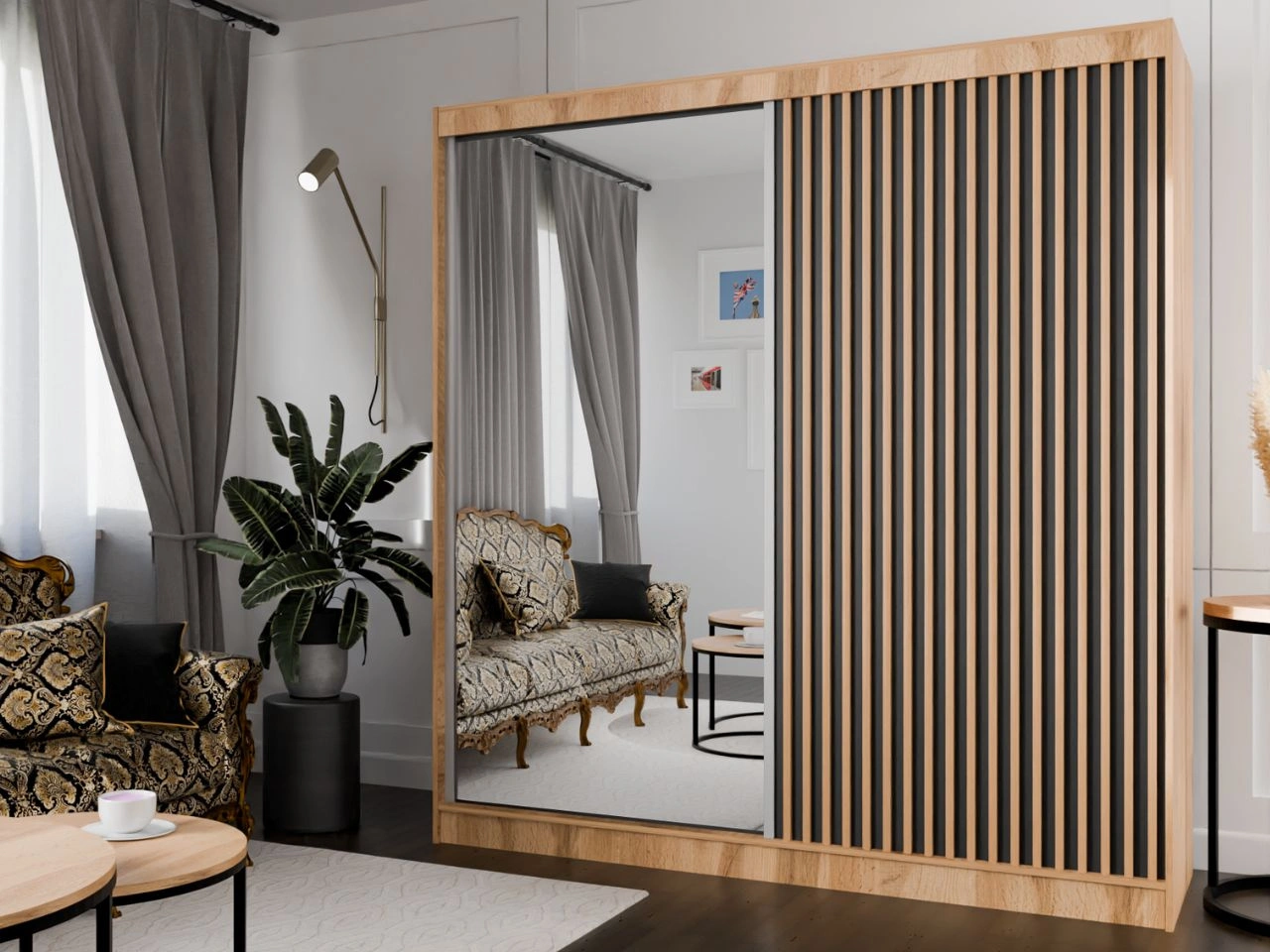 Schiebetürenschrank mit Spiegel und Lamellen 200 cm Loreto Handwerk Goldene Eiche, Schwarz