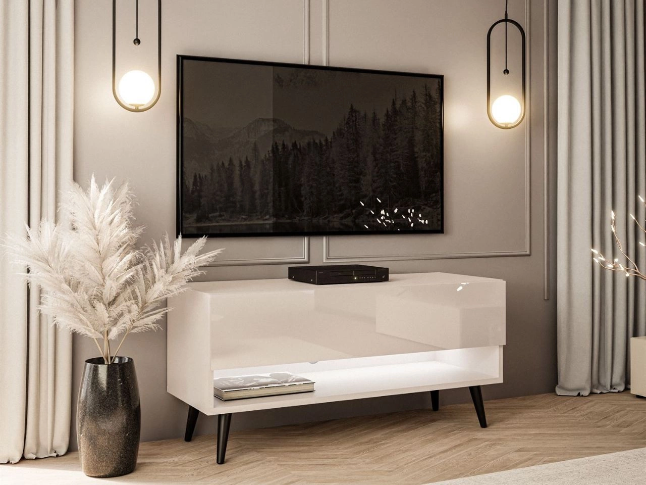 TV-Schrank 90 cm mit LED-Beleuchtung und schwarzen Beinen Aurelie Kaschmir Hochglanz