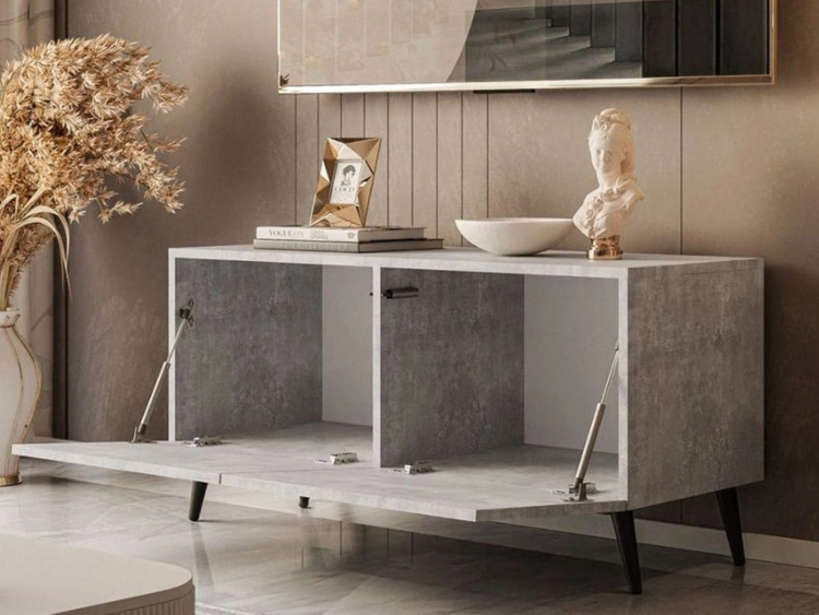 TV-Lowboard mit Türen auf Schwarzen Metallbeinen 100 cm Nodoo Beton