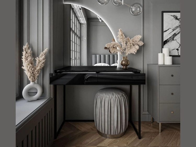 Kosmetiktisch rechtsseitig mit Schubladen und LED-Beleuchtung auf schwarzen Beinen Clarette Schwarz Hochglanz