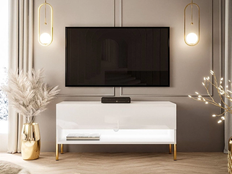 TV-Schrank 90 cm mit LED-Beleuchtung und goldenen Metallbeinen Aurelie Weiß Hochglanz