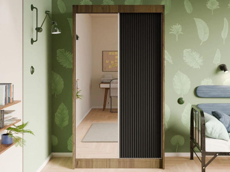 Schiebetürenschrank mit geriffelter Front und Spiegel 120 cm Fano Handwerk Goldene Eiche, Schwarz