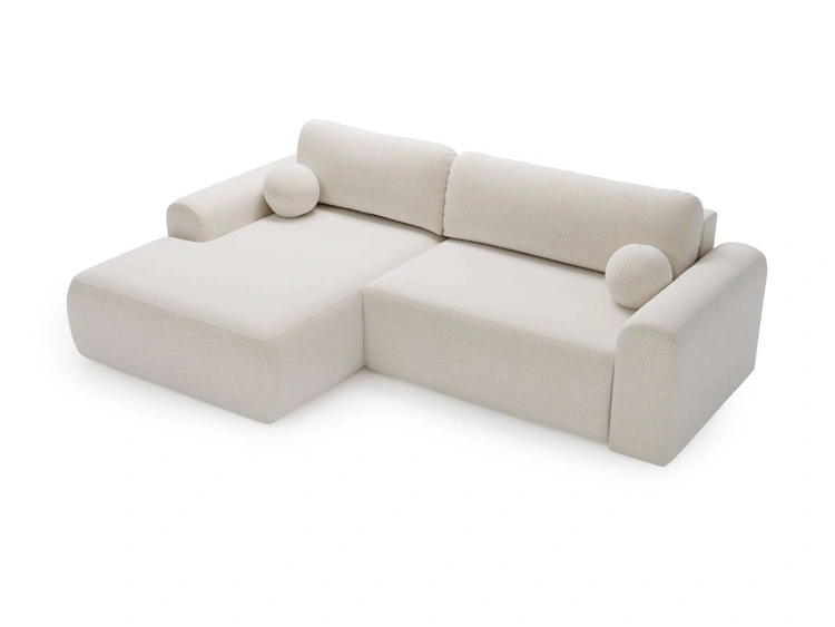 Ecksofa L-Form mit Schlaffunktion und Bettkasten Savana Links Bouclé-Stoff Weiß