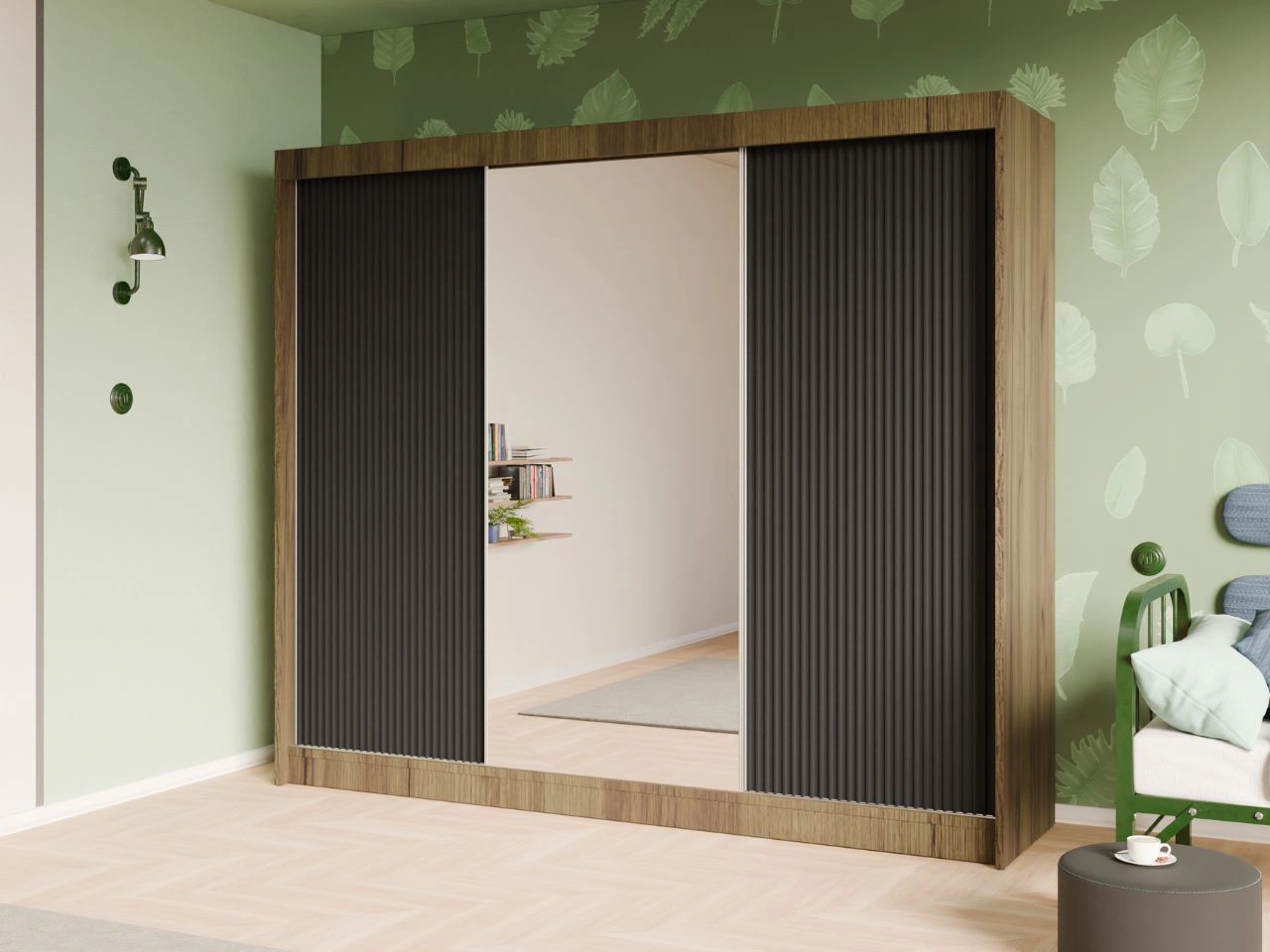 Schiebetürenschrank mit geriffelter Front und Spiegel 250 cm Fano Handwerk Goldene Eiche, Schwarz