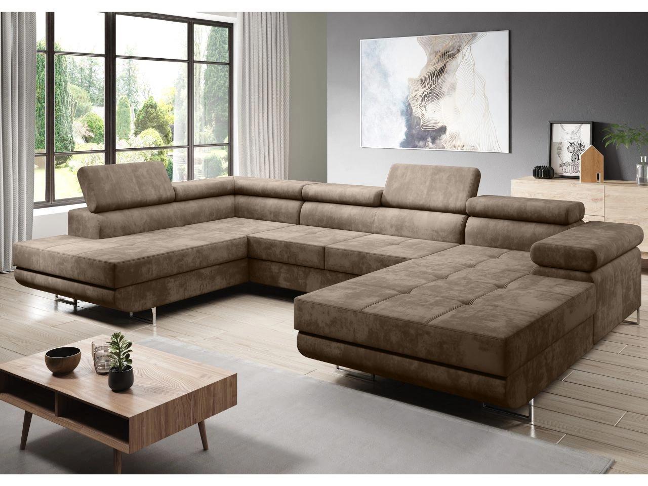Wohnlandschaft Links mit Schlaffunktion und Bettkasten Solam U Braun