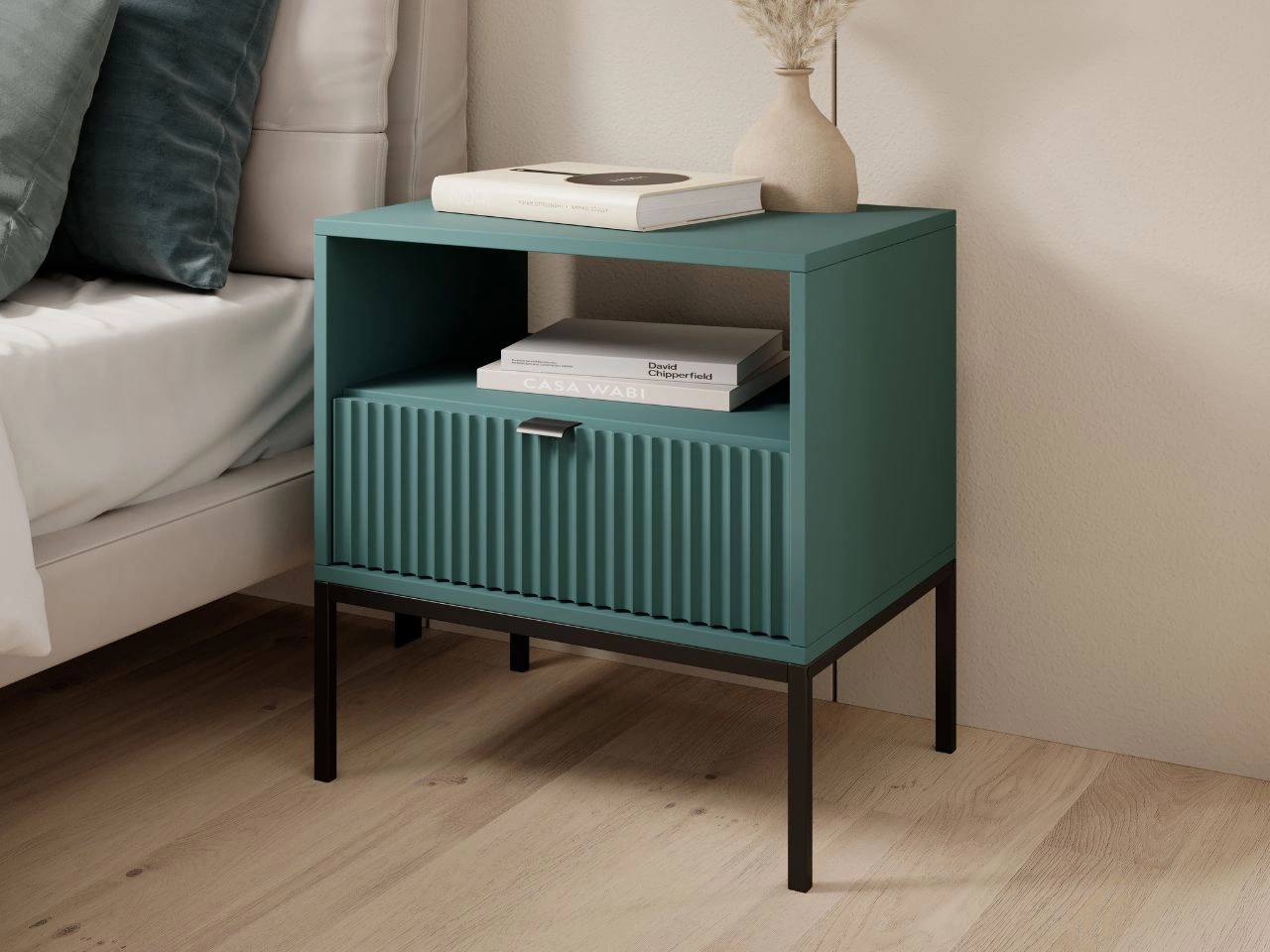 Nachtschrank mit Schublade Amber Grün Amber Grün, Schwarzer Rahmen