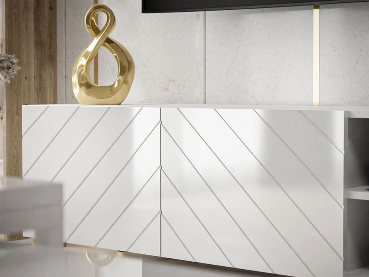 TV-Schrank im Glamour-Stil mit gefrästen Fronten und goldenen Beinen Vionel Weiß glänzend