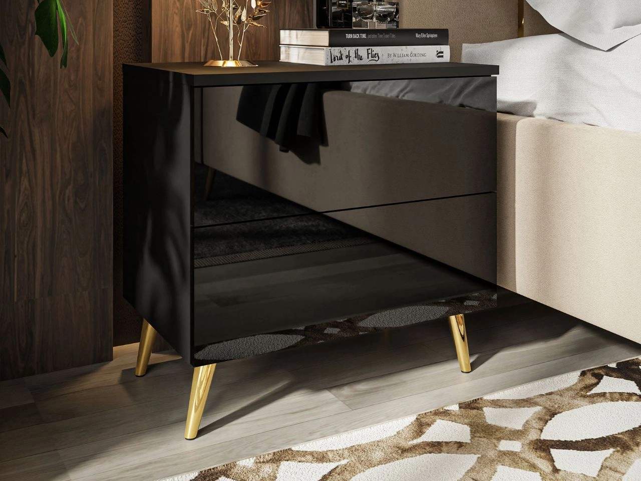 Nachttisch mit Schubladen auf Goldenen Metallbeinen Nuveo Schwarz Hochglanz