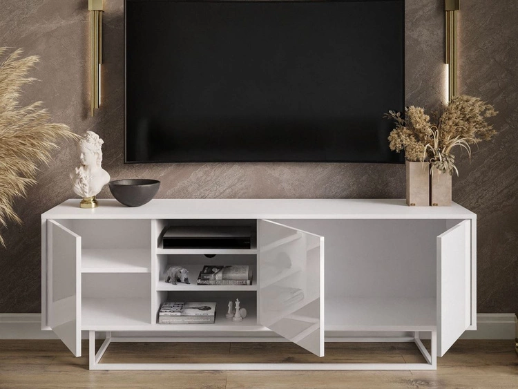 TV-Lowboard mit Türen auf weißem Gestell Vivance Hochglanz Weiß