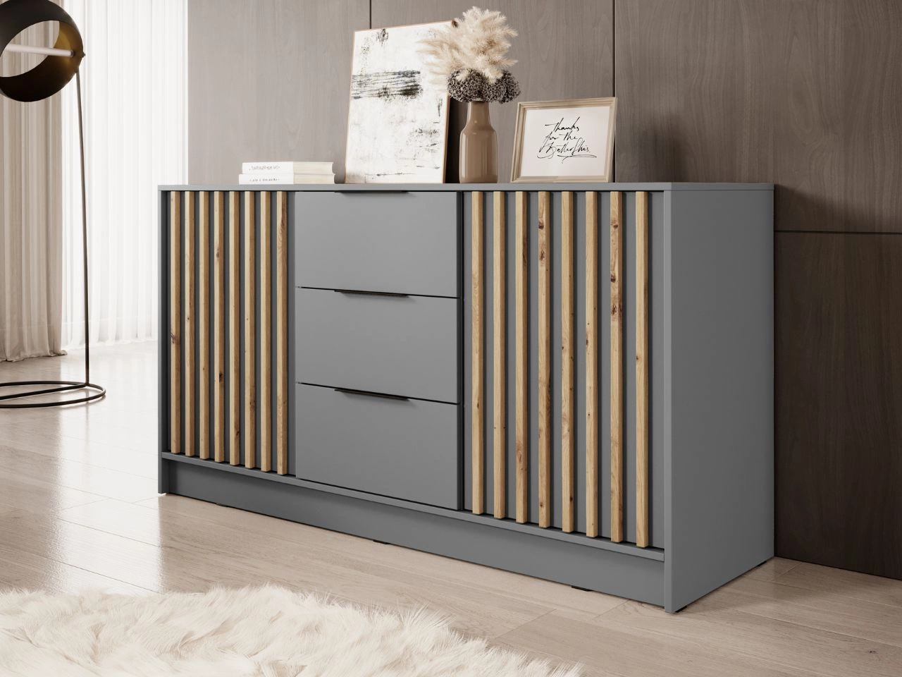 Kommode mit Türen und Schubladen 155 cm Macron Grau Artisan Eiche