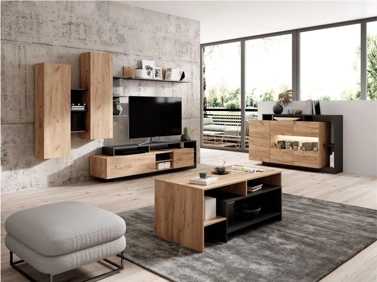 Stilvoll Wohnzimmer-Set Alvano Eiche craft, Schwarz