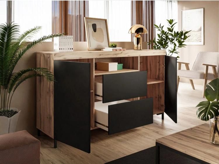 Zweittürige Kommode 164 cm im Loft-Stil Asumi Schwarz matt und Eiche Wotan