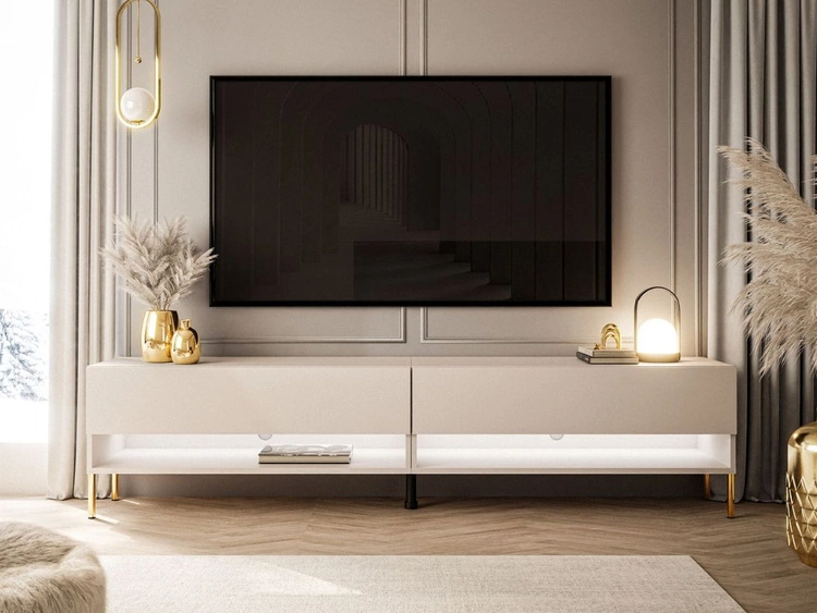 TV-Schrank für das Wohnzimmer 180 cm mit goldenen Metallbeinen und  LED-Beleuchtung Aurelie Kaschmir matt
