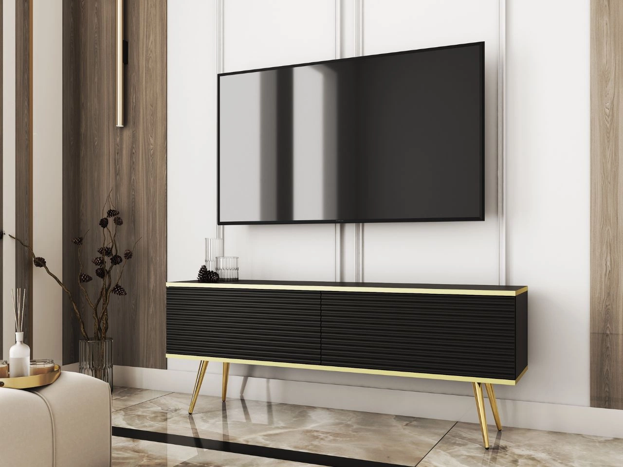 TV-Lowboard mit Türen 135 cm Diolo Schwarz mit geriffelter Vorderseit auf goldenen Beinen