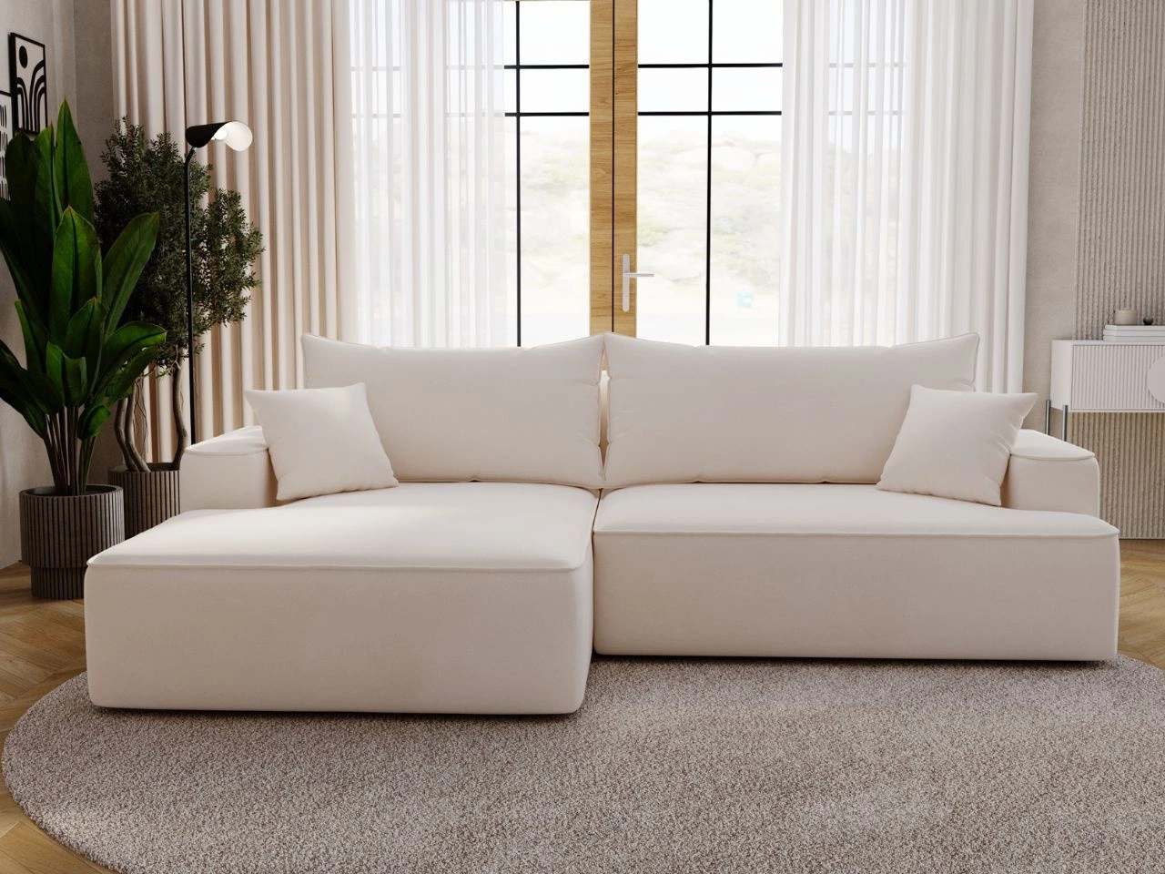 Ecksofa L-Form Links mit Schlaffunktion und Bettkasten California Creme