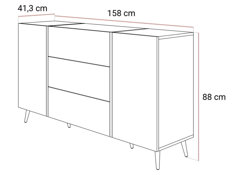 Zweitürige Kommode 158 cm mit drei Schubladen und Metallbeinen Lunelie Kaschmirglanz