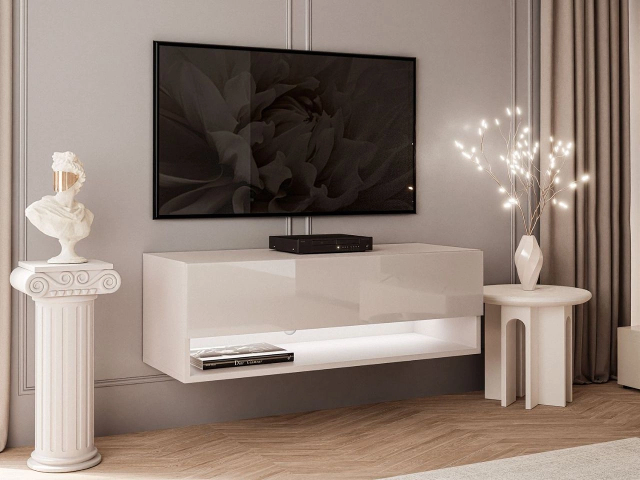 Hänge TV-Schrank 90 cm für Wohnzimmer mit LED-Beleuchtung Aurelie Kaschmir Hochglanz