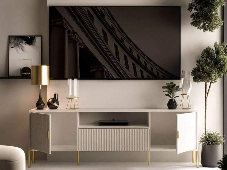 TV-Lowboard breit zweitürig mit Schublade und goldenen Metallfüßen Orlean Kaschmir Matt