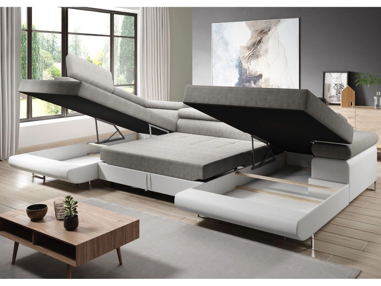 Wohnlandschaft Links mit Schlaffunktion und Bettkasten Solam U Hellgrau, Weiß