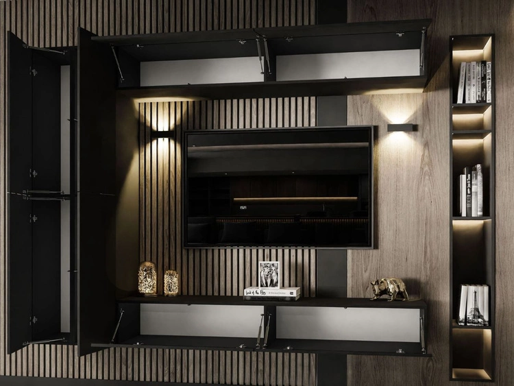 Hängende Wohnwand mit LED-Beleuchtung für das Wohnzimmer Sorelle Schwarz Matt