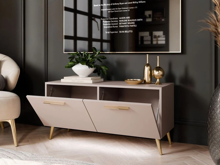 TV-Lowboard mit Türen und LED-Beleuchtung auf Goldenen Metallbeinen 100 cm Noaé Kaschmir