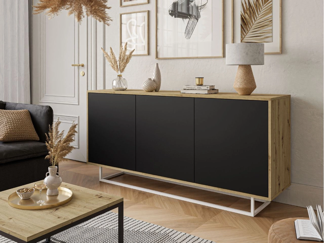 Dreitürige Kommode 154 cm im Loft-Stil auf weißem Gestell – Vivance, Schwarz matt & Eiche Artisan