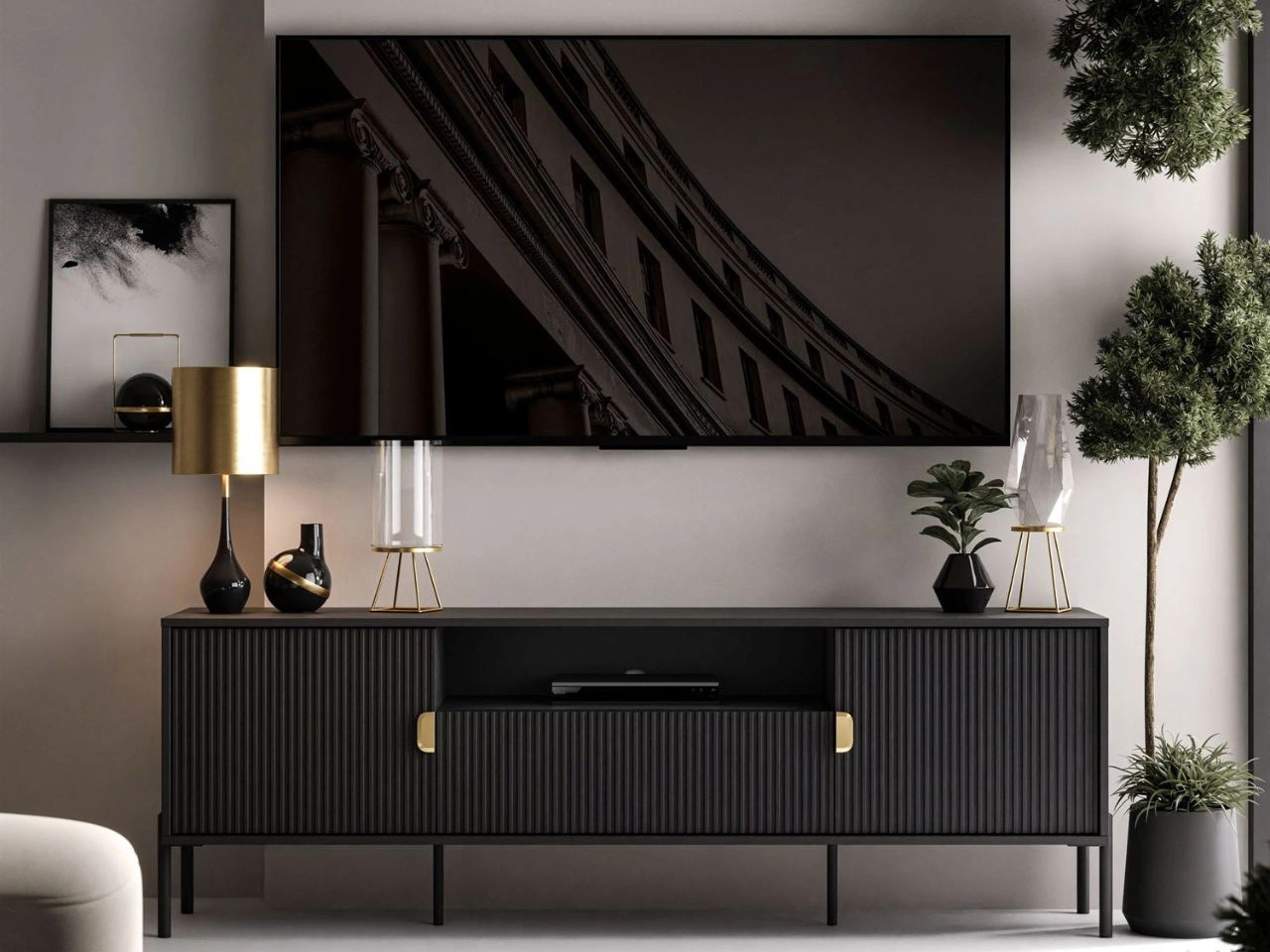TV-Lowboard breit zweitürig mit Schublade Orlean Schwarz Matt