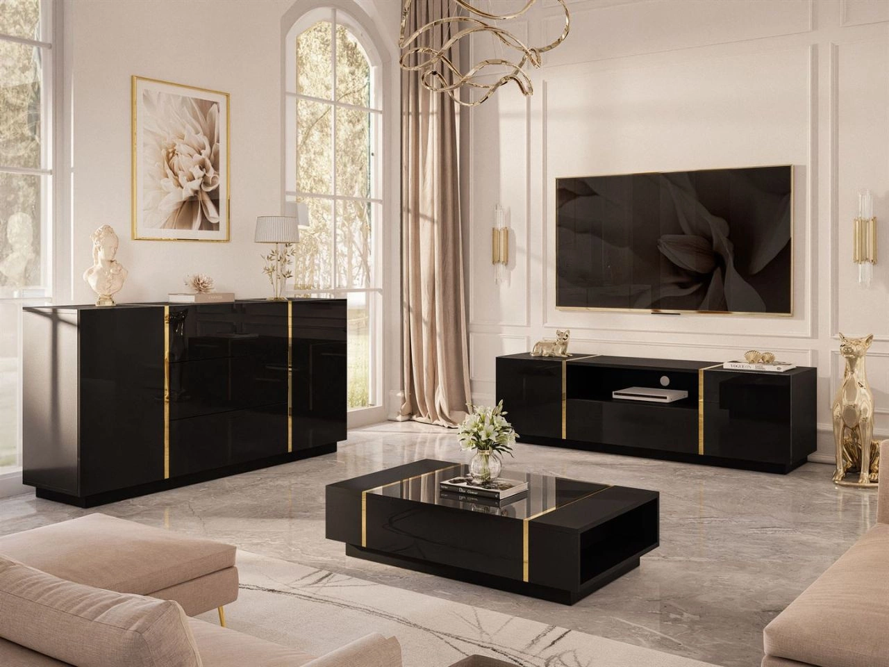 Wohnzimmer-Set im Glamour-Stil Lunelie Schwarz Hochglanz