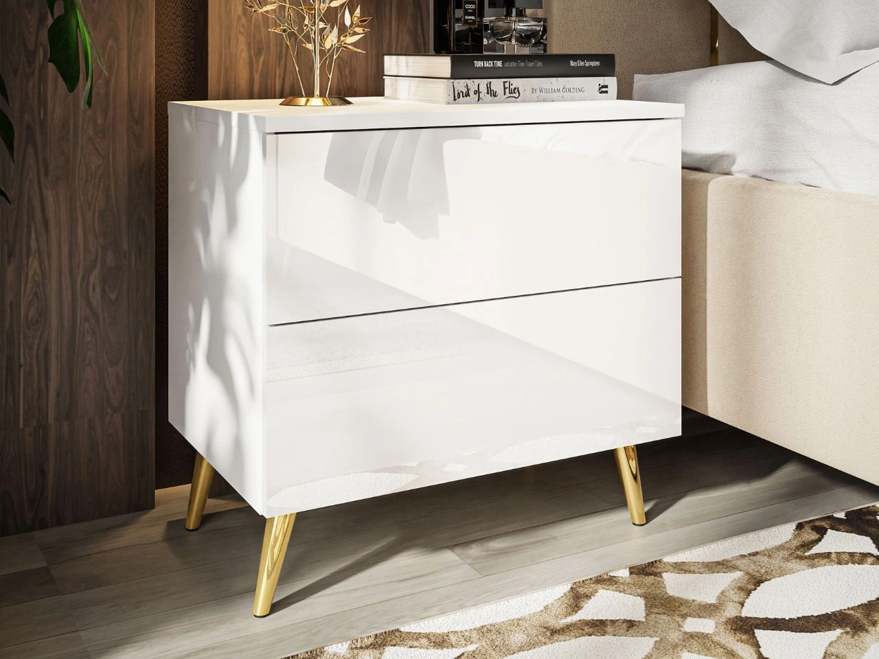 Nachttisch mit Schubladen auf Goldenen Metallbeinen Nuveo Weiß Hochglanz