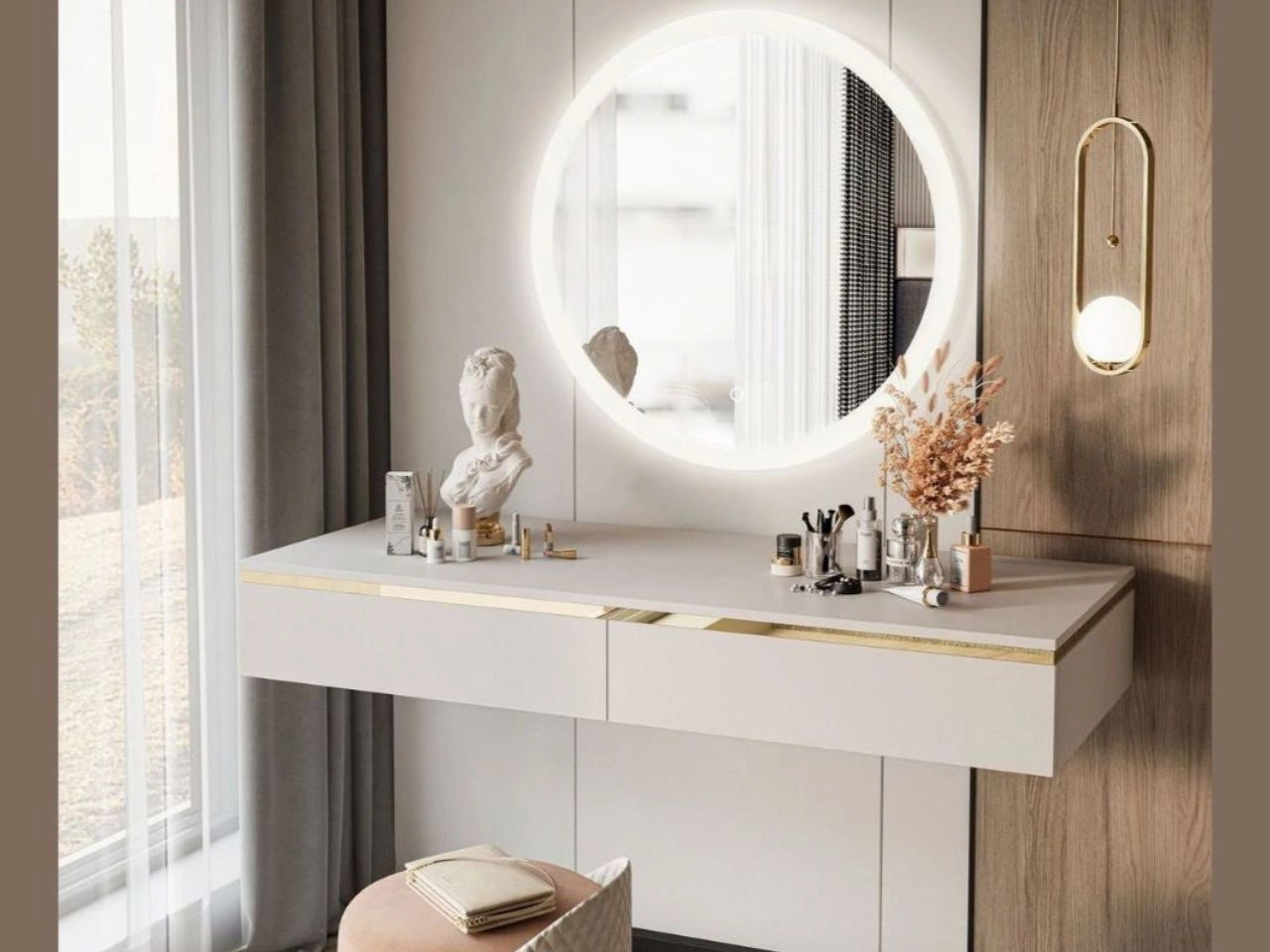 Hängende Schminktisch Glamour mit Schubladen, Spiegiel und LED-Beleuchtung Evare Kaschmir
