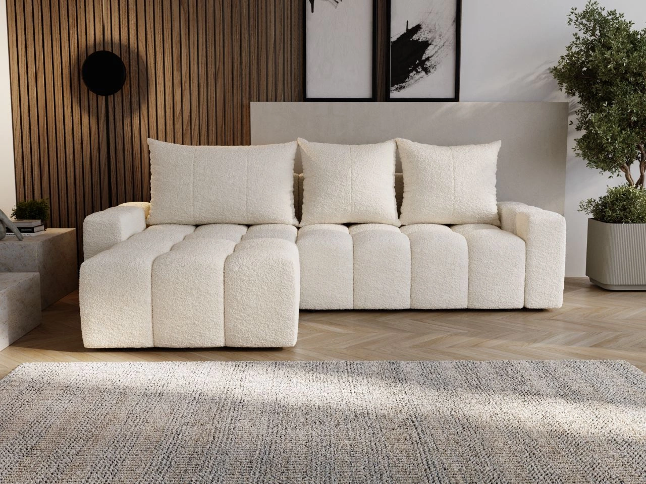 Ecksofa L-Form mit Schlaffunktion und Bettkasten Bresso Creme