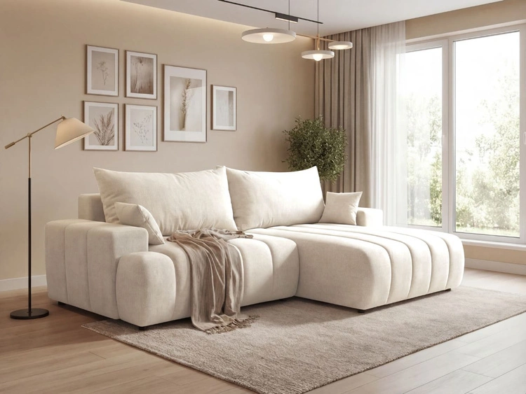 Ecksofa L-Form Rechts mit Schlaffunktion und Bettkasten Caleo Creme