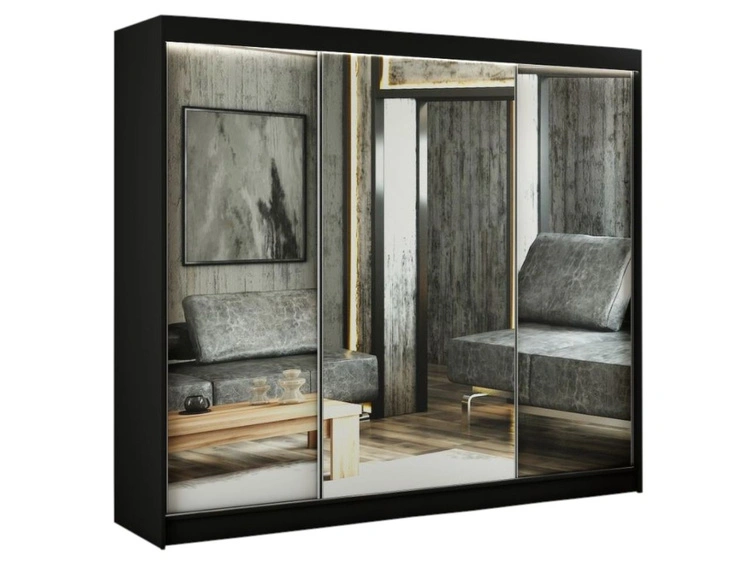 Schiebetürenschrank 250 cm mit Spiegel und LED-Beleuchtung Luzio Schwarz