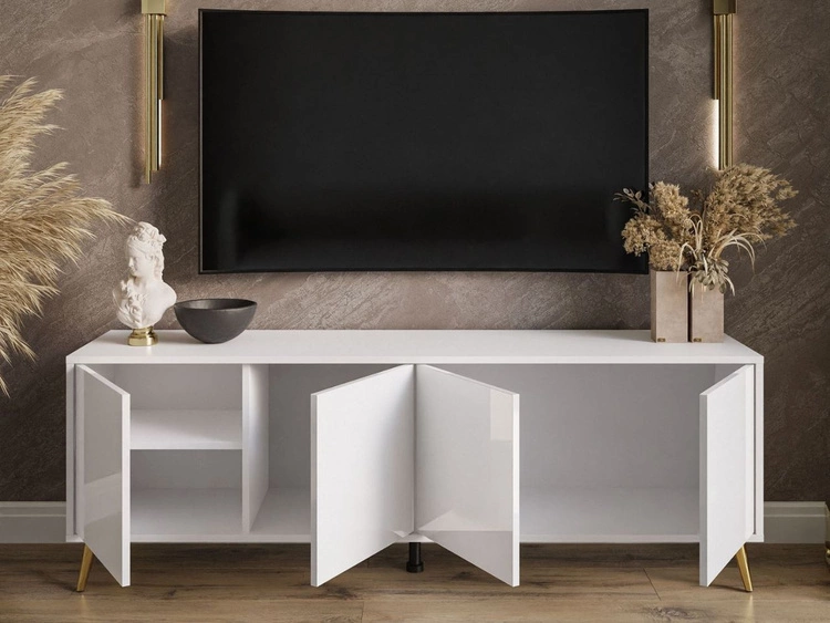 TV-Lowboard mit Türen goldene Beine Vivance Weiß Hochglanz