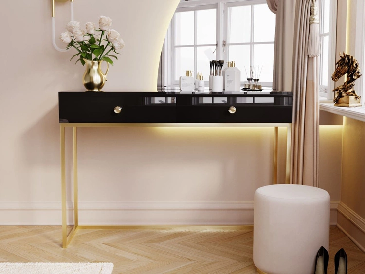 Schminktisch mit Schubladen Belleza Schwarz Hochglanz Gold Frame