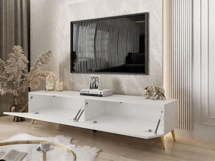 TV-Lowboard mit Türen auf Goldenen Metallbeinen 175 cm mit LED-Beleuchtung Sorelle Weiß Hochglanz