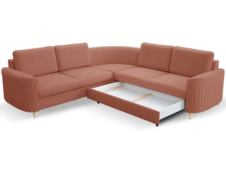 Ecksofa L-Form Links mit Schlaffunktion und Bettkasten Limon Orange