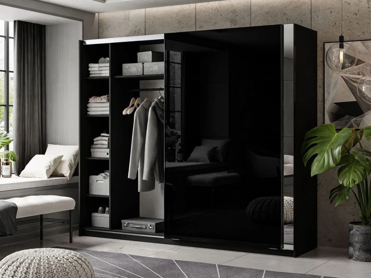 Schwebetürenschrank Zweitüriger mit Spiegel 244 cm Nuveo Schwarz-Weiß Hochglanz