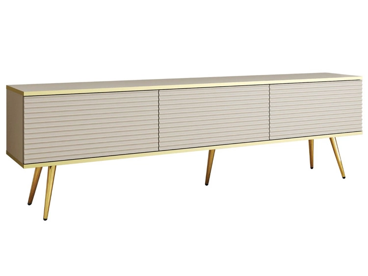 TV-Lowboard mit Türen 175 cm Diolo Beige mit geriffelter Vorderseite auf goldenen Beinen