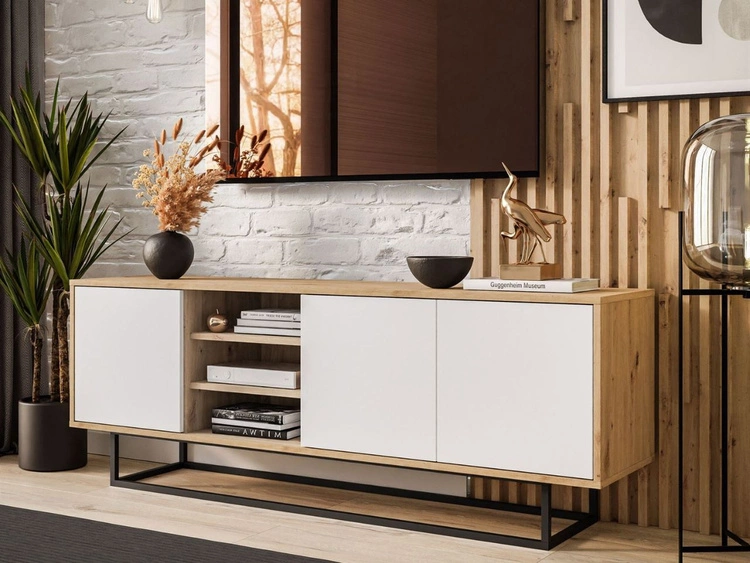 TV-Lowboard schwarzes Gestell Vivance Weiß und Eiche Artisan