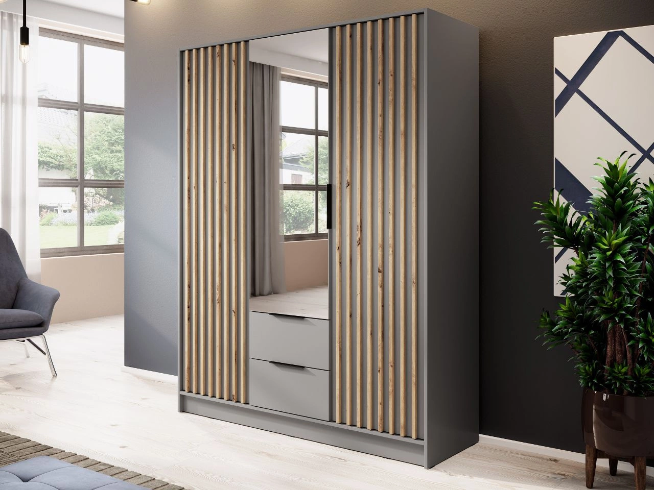 Kleiderschrank mit Spiegel 155 cm Macron Grau, Artisan Eiche