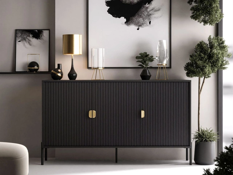 Kommode dreitürig breit mit Goldgriffen Orlean Schwarz Matt