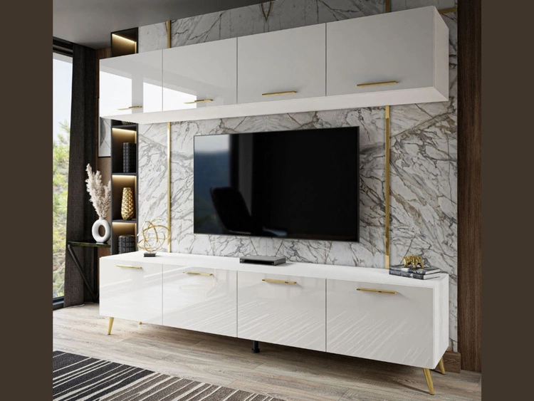 Wohnwand für das Wohnzimmer mit LED-Beleuchtung auf Goldenen Metallbeinen Noaé Weiß Hochglanz 