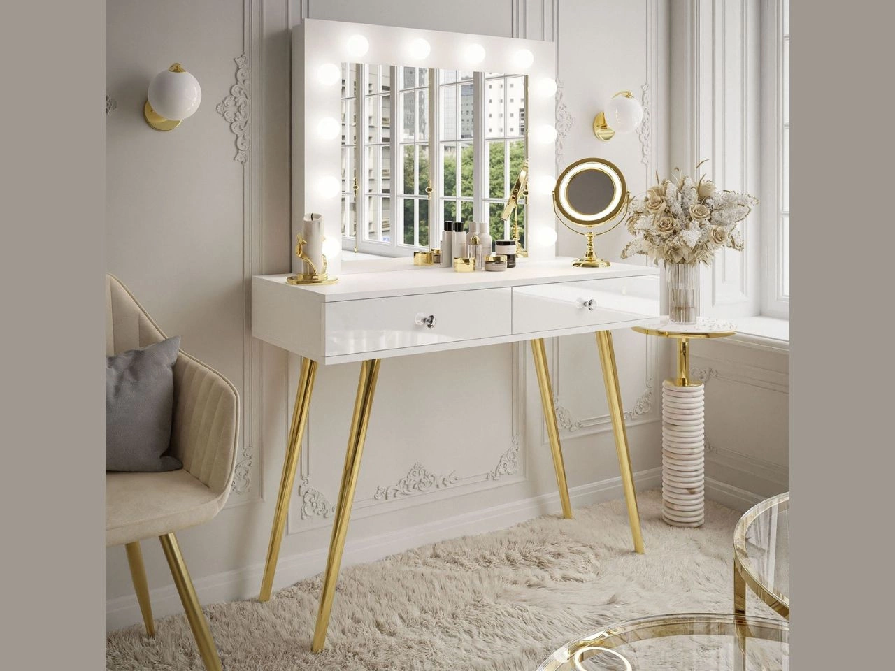 Schminktisch glamour  mit Schubladen, Spiegel und LED-Beleuchtung Olivine Weiß Hochglanz