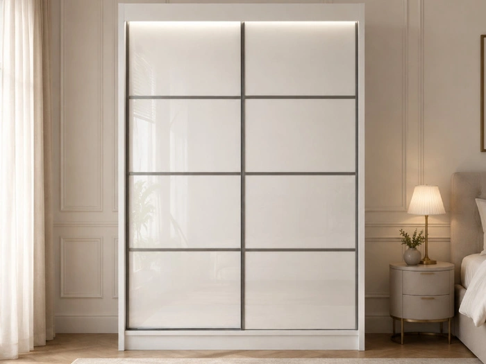 Schiebetürenschrank mit Sprossen 150 cm mit LED-Beleuchtung Ponti Weiß